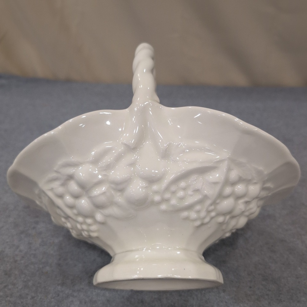 Indiana Glass White Milk Glass Fruit Basket Twisted Handle Harvest Grapes Bowl - Picture 4 of 8